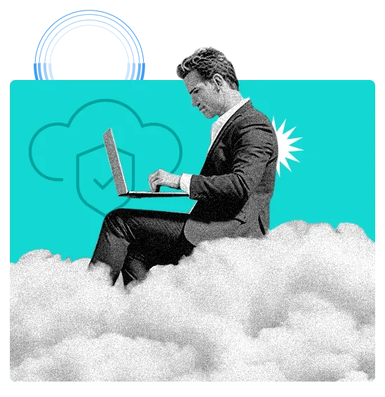 Imagem de um homem sentado numa nuvem e mexendo no computador