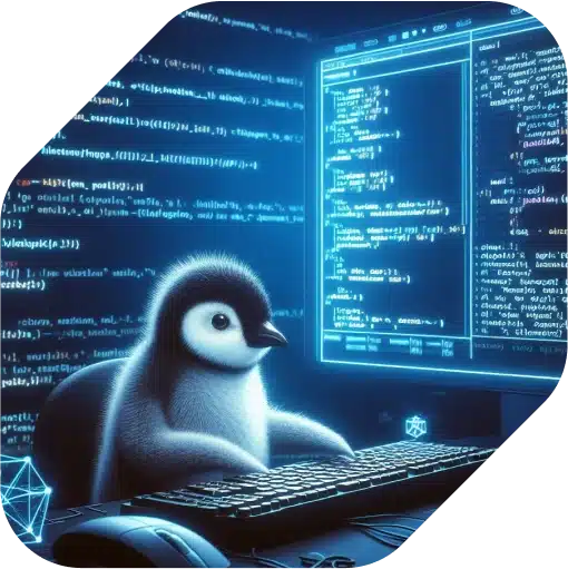 Imagem da Assinatura Linux, onde um pinguim está digitando vários códigos em sua volta
