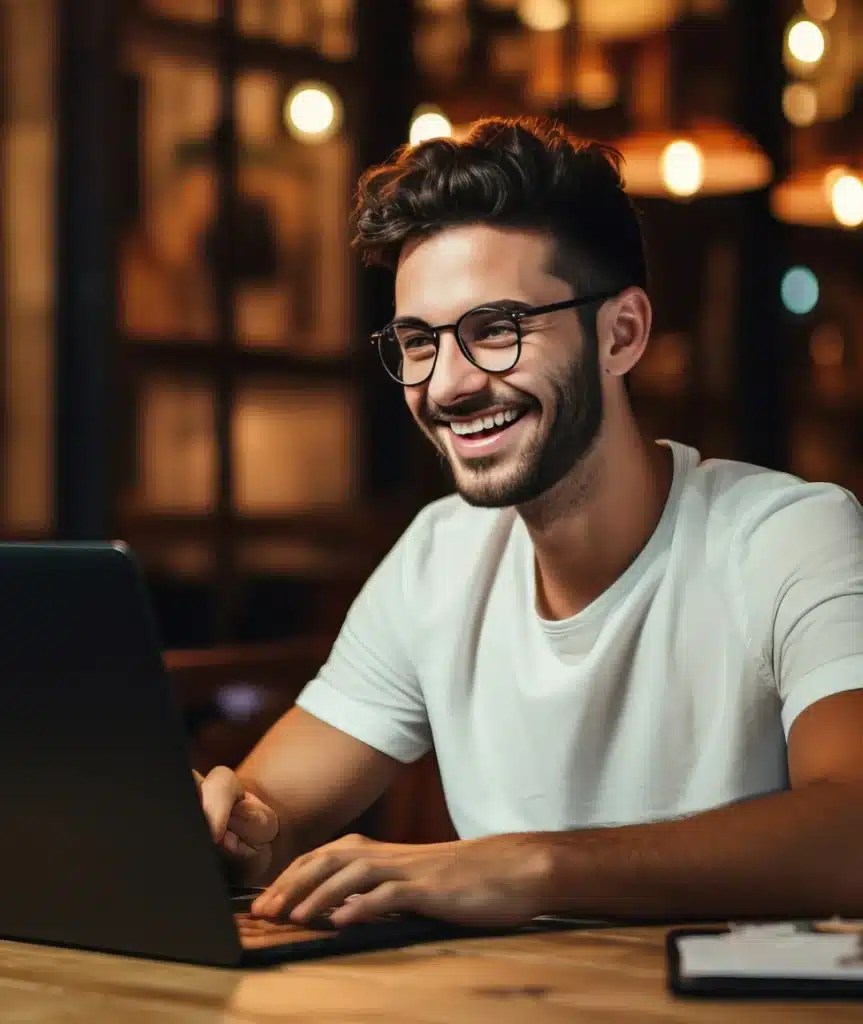 Imagem de um homem sorrindo para a tela do computador