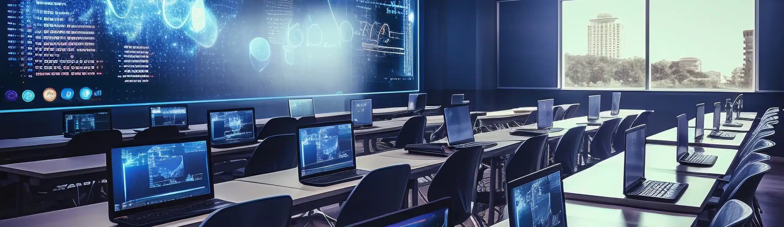 Imagem de uma sala repleta de computadores mostrando dados em suas telas